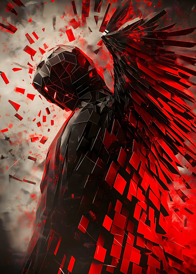 Abstract Geometric Winged Figure in Red and Black