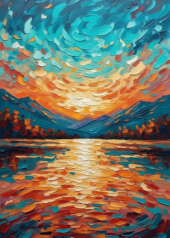 Impasto Landscape Painting with Lake and Mountains