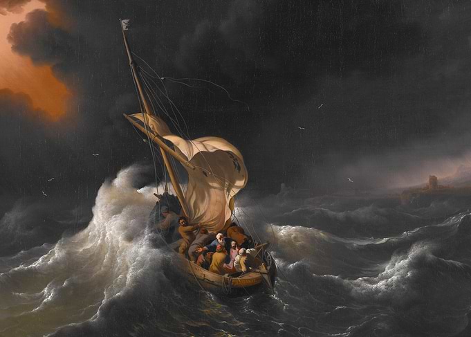 Stormy Sea with Boat and People