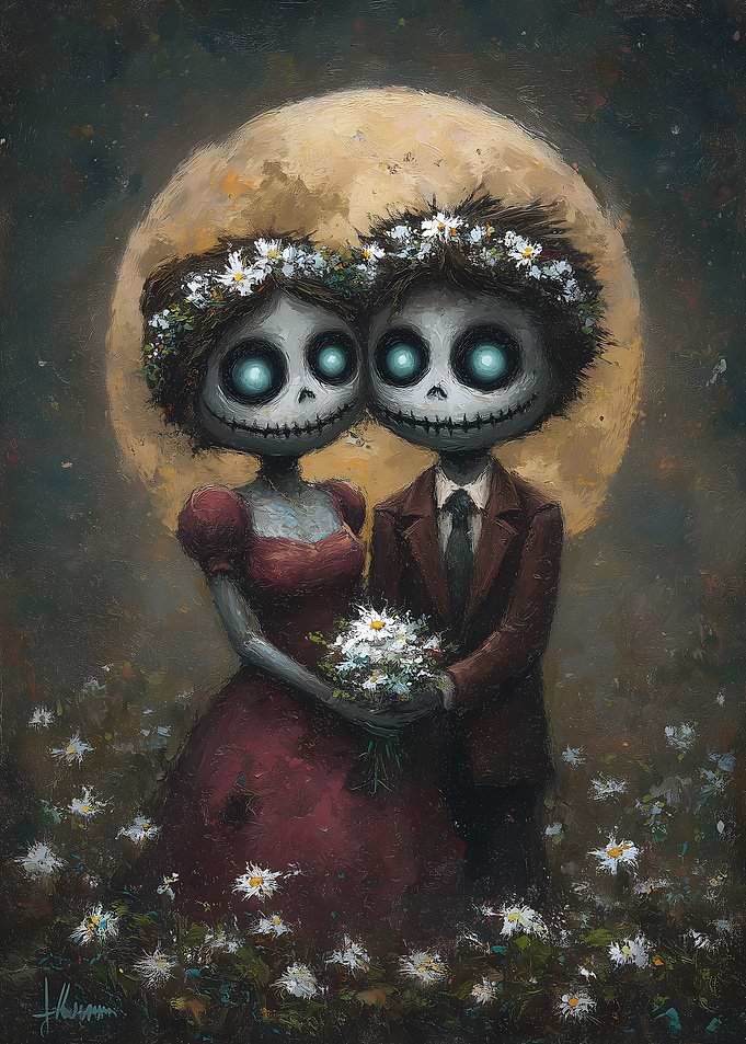 Skeleton Couple Wedding Under Moonlight Painting