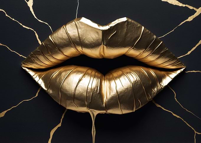 Golden Lips on Black Kintsugi Background