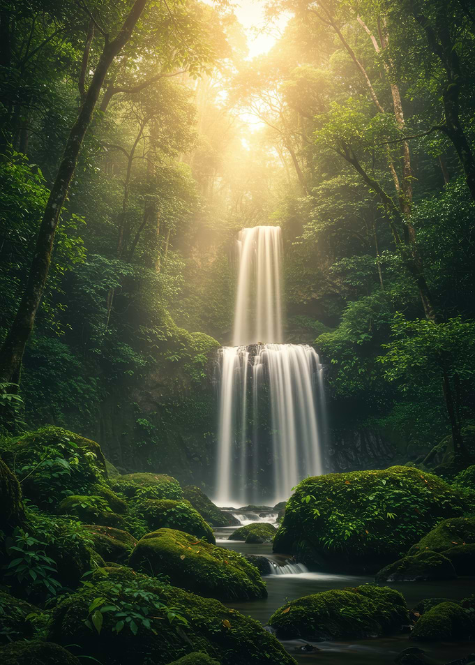 Serene Waterfall in Lush Forest