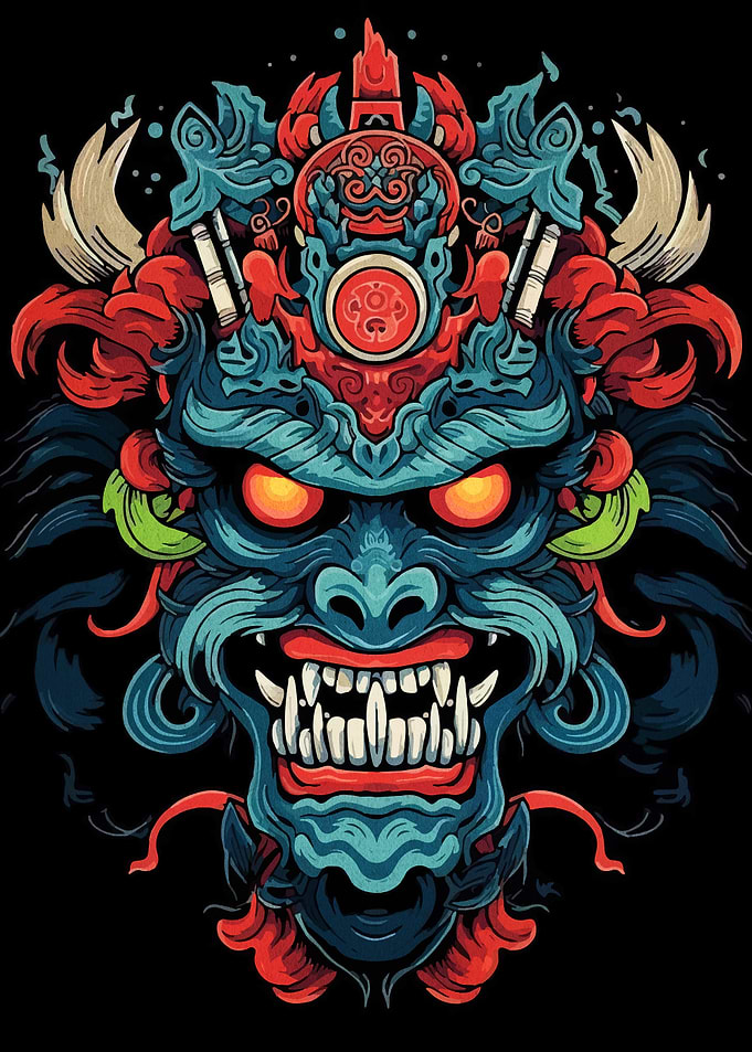 Detailed Oni Mask Illustration on Black