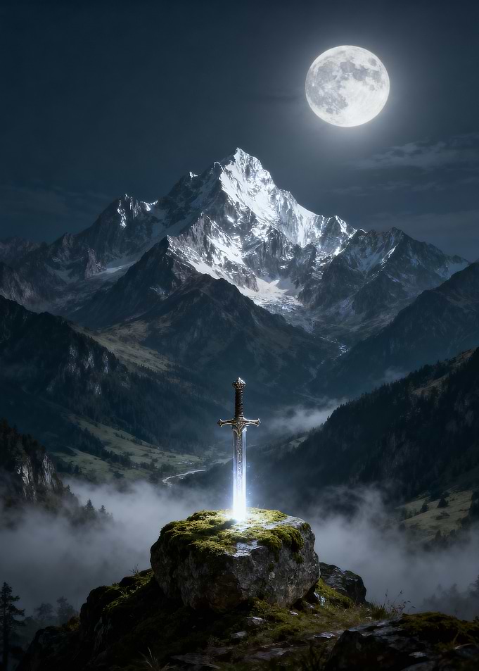 Excalibur in the Mountains under Moonlight