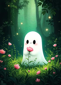 Cute Ghost with Flower in Forest