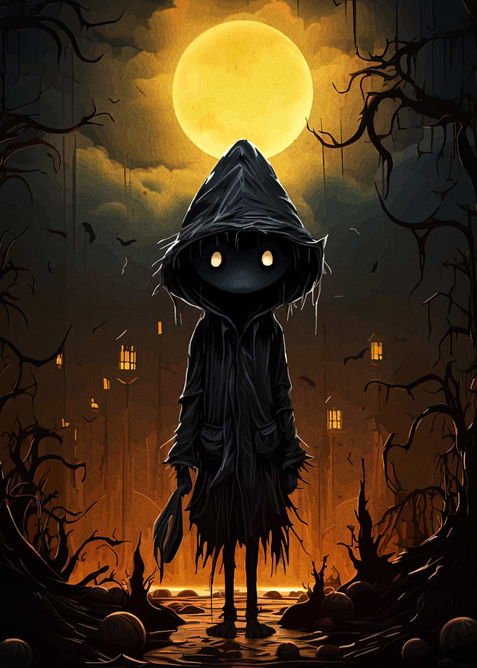 Spooky hooded figure in a dark landscape