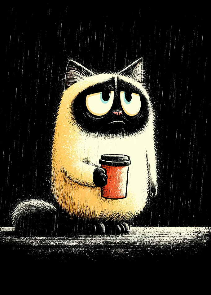 Sad Cat with Coffee in Rain