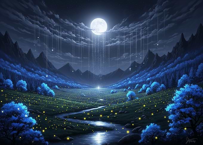 Mystical Night Landscape with Moon