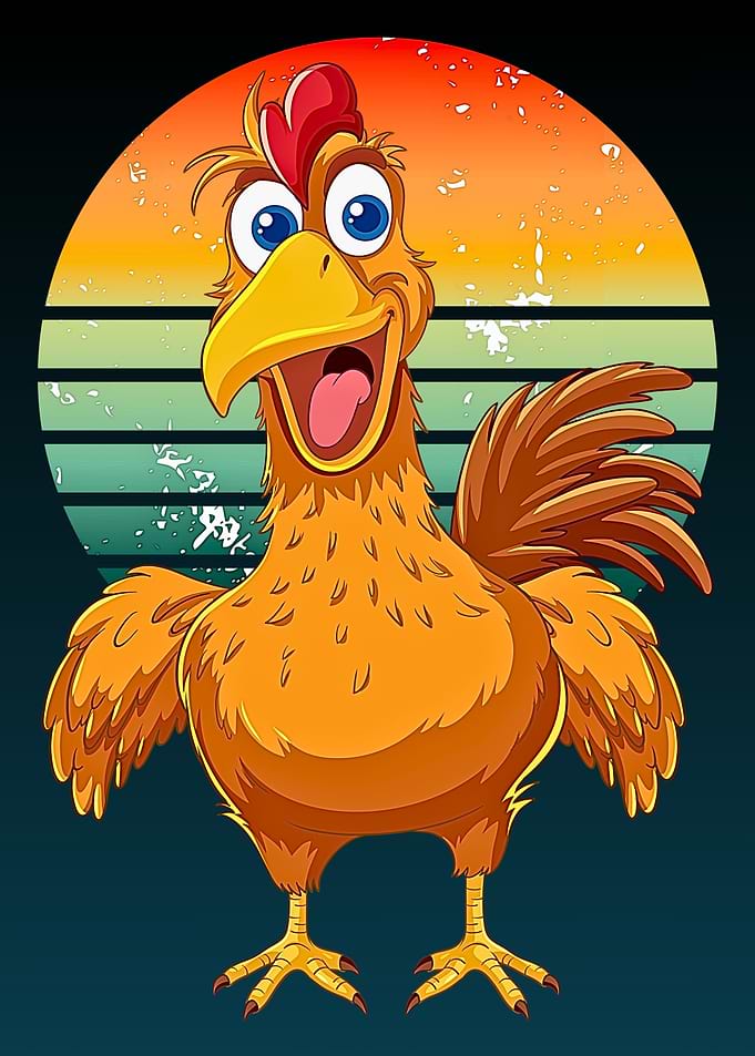 Cartoon Chicken with Retro Sunset Background