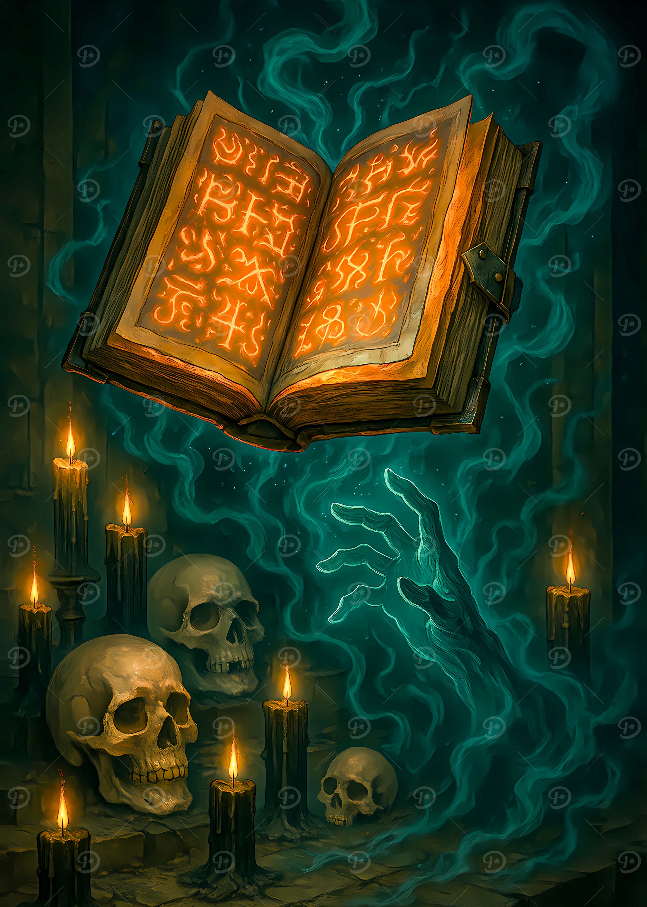 Mystical Book with Skulls and Candles