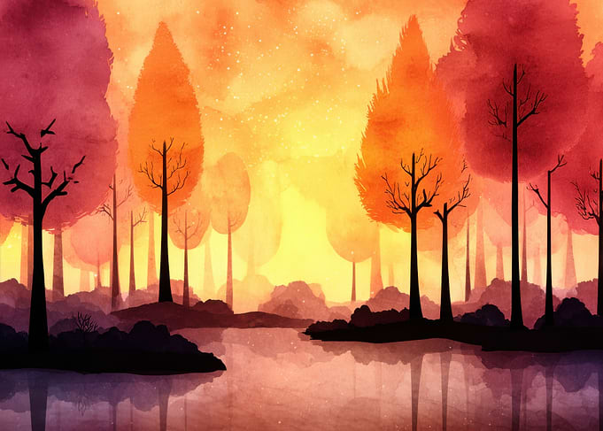 Watercolor Autumn Forest Landscape Reflection