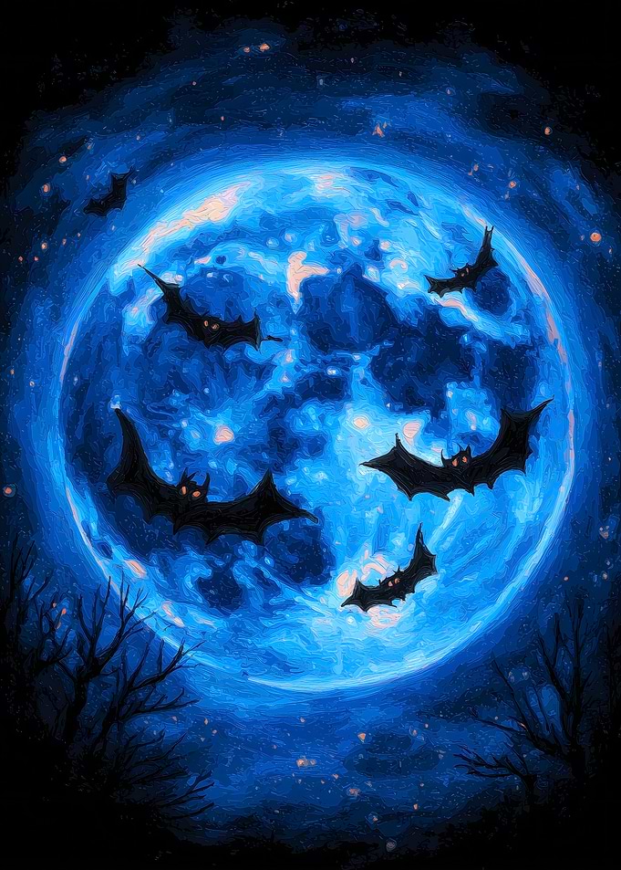 Bats Flying in Front of Blue Moon