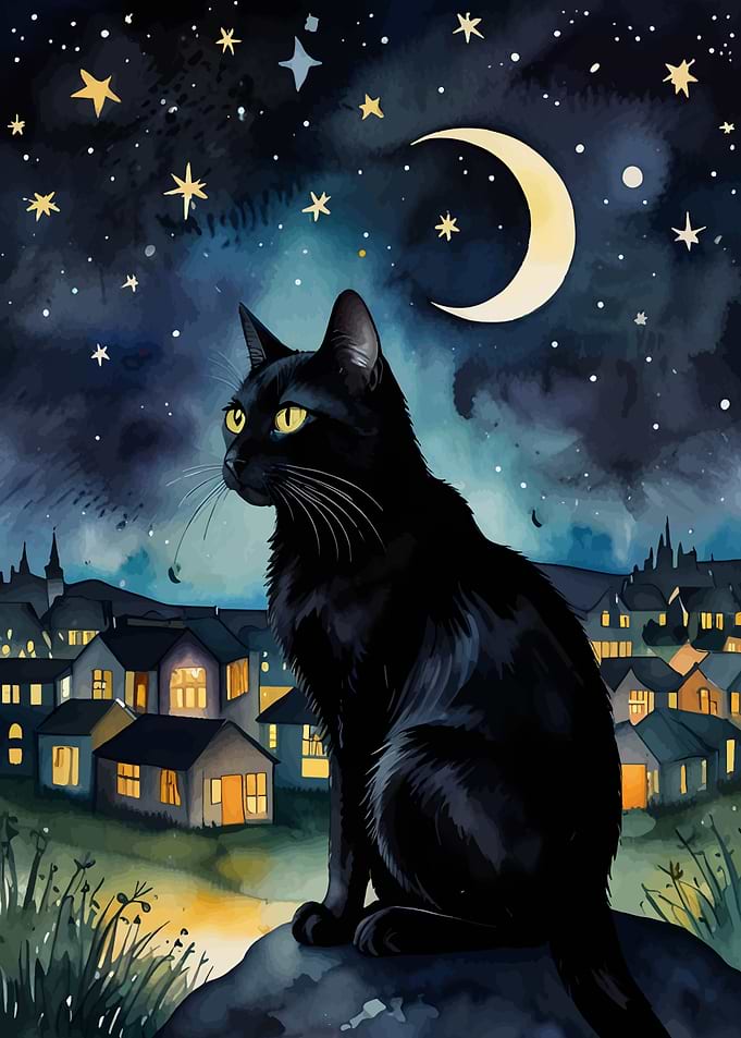 Black Cat Under Crescent Moon Painting