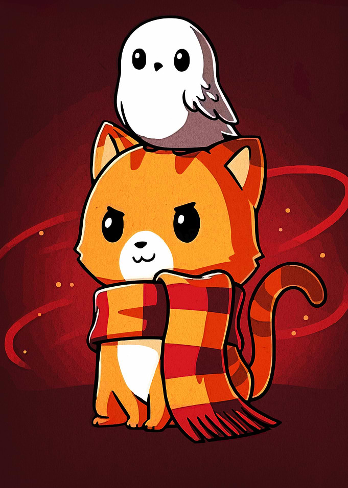 Cartoon Cat with Owl and Scarf