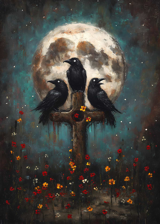 Three Ravens on Cross with Moon