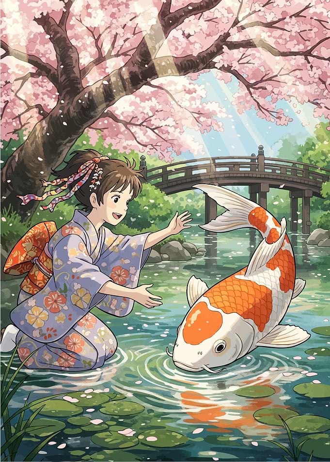 Girl Koi Fish Pond