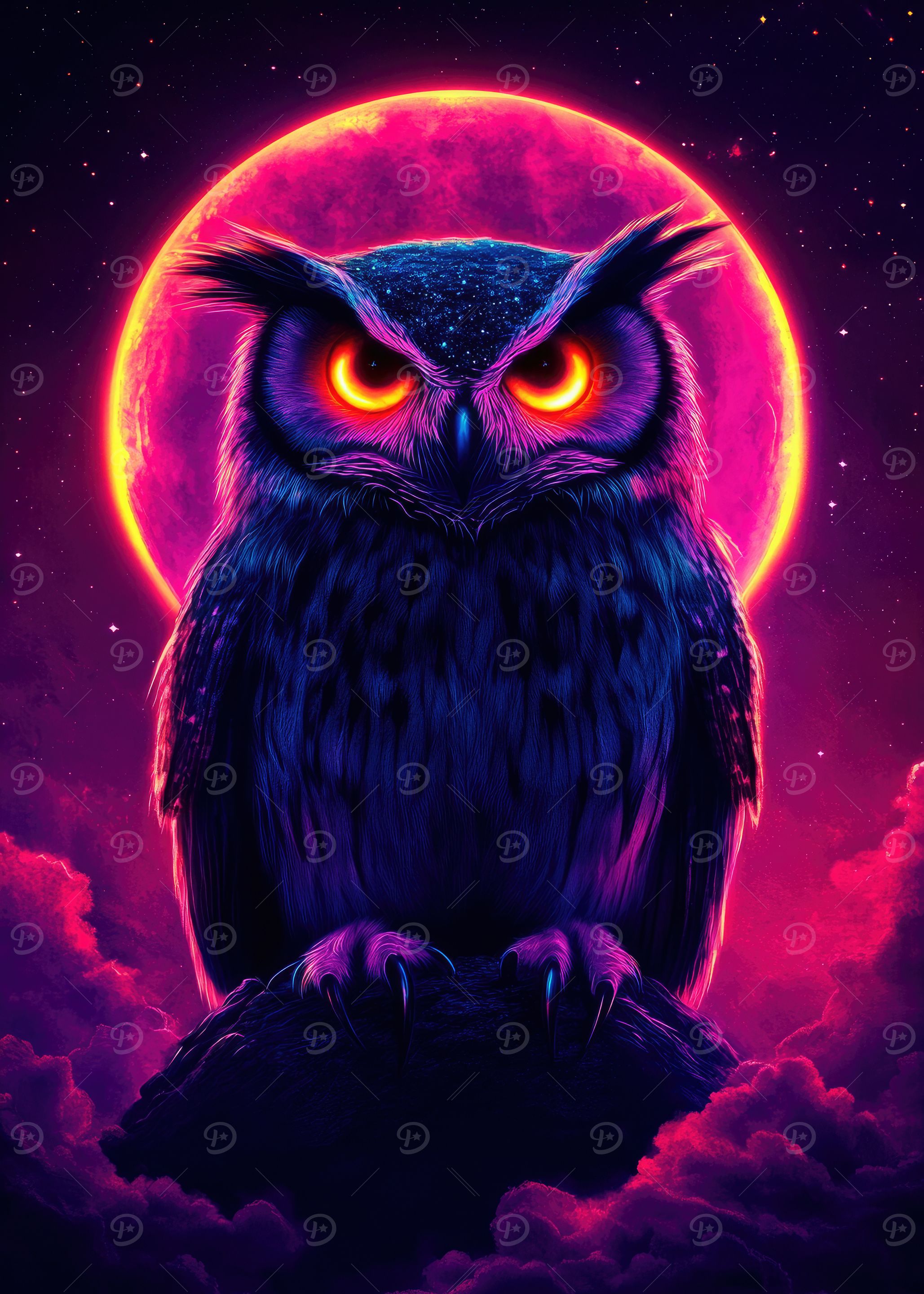 Neon Owl Under Full Moon