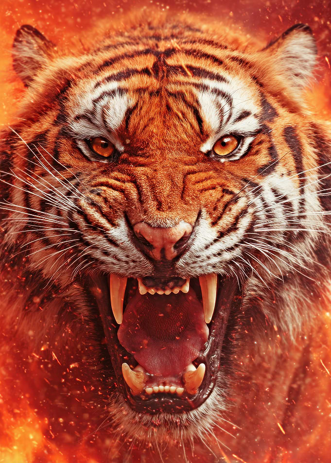 Roaring Tiger Portrait in Fiery Hues