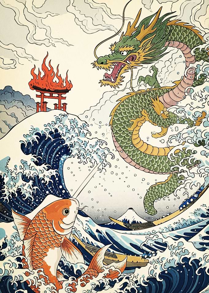 Japanese Dragon Koi Fish Waves