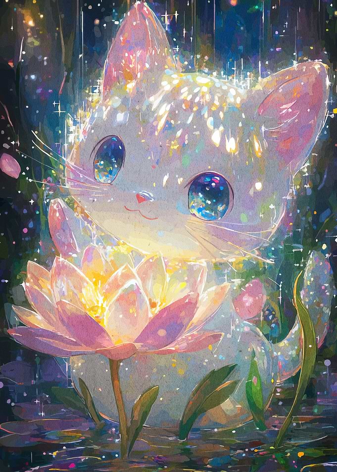 Sparkling Cat with Lotus Flower