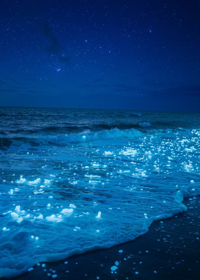 Bioluminescent Waves Under Starry Night Sky