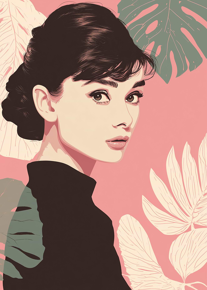 Audrey Hepburn Portrait with Tropical Leaves