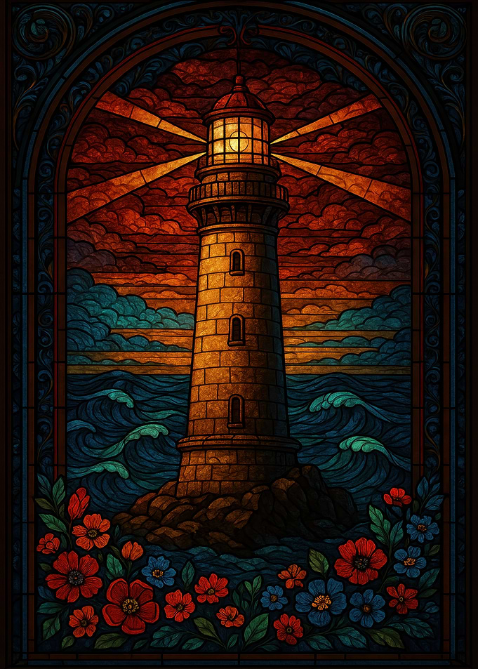 Stained Glass Lighthouse Scene