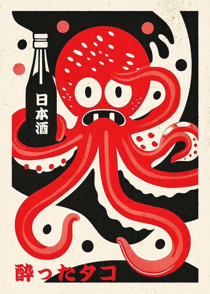 Drunk Octopus with Sake Japanese Woodblock Poster