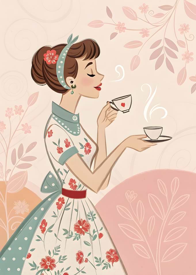 Vintage Woman Enjoying Tea Illustration