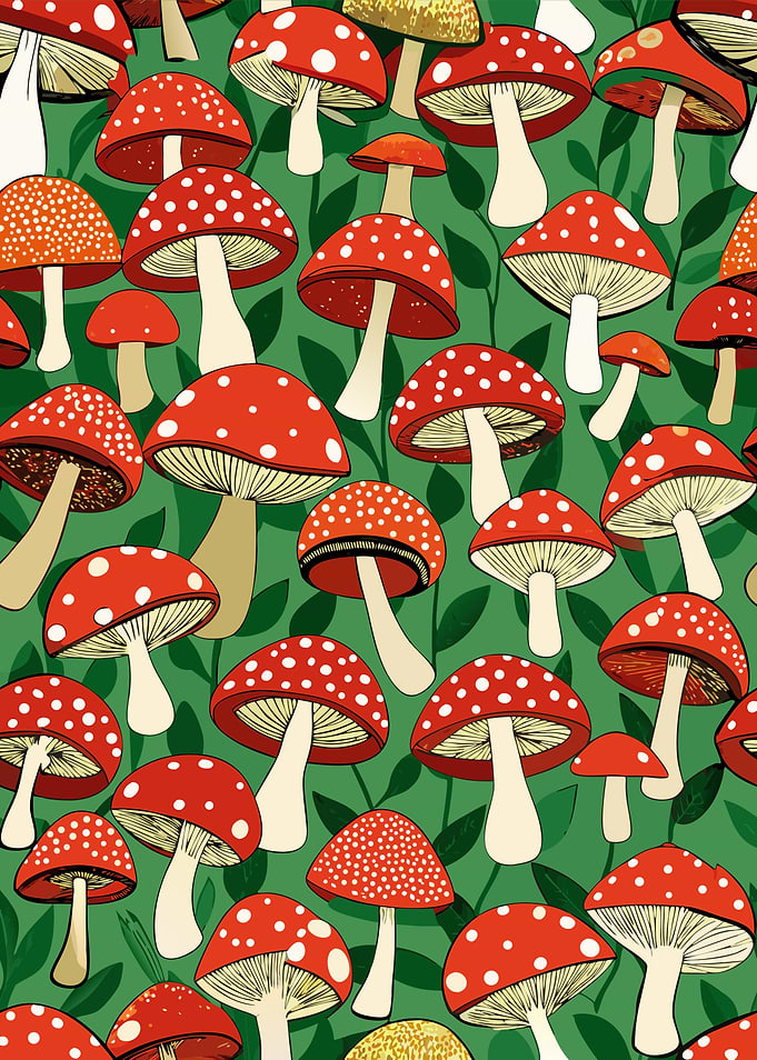Amanita Mushroom Pattern on Green Background