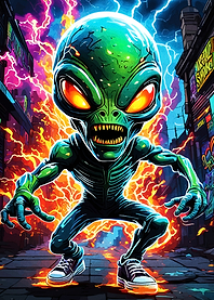 Alien in Cityscape with Lightning