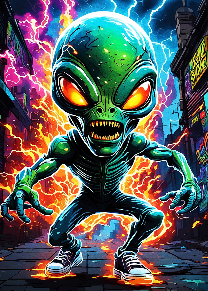 Alien in Cityscape with Lightning