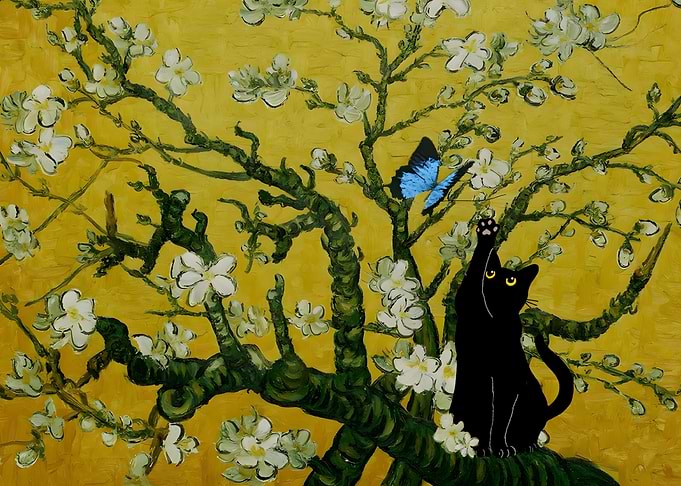 Black Cat and Butterfly in Blossom Tree