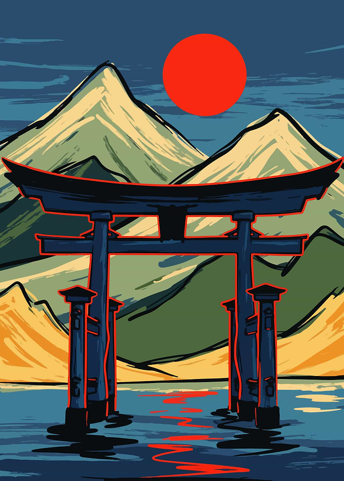 Japanese Torii Gate with Mountain Backdrop