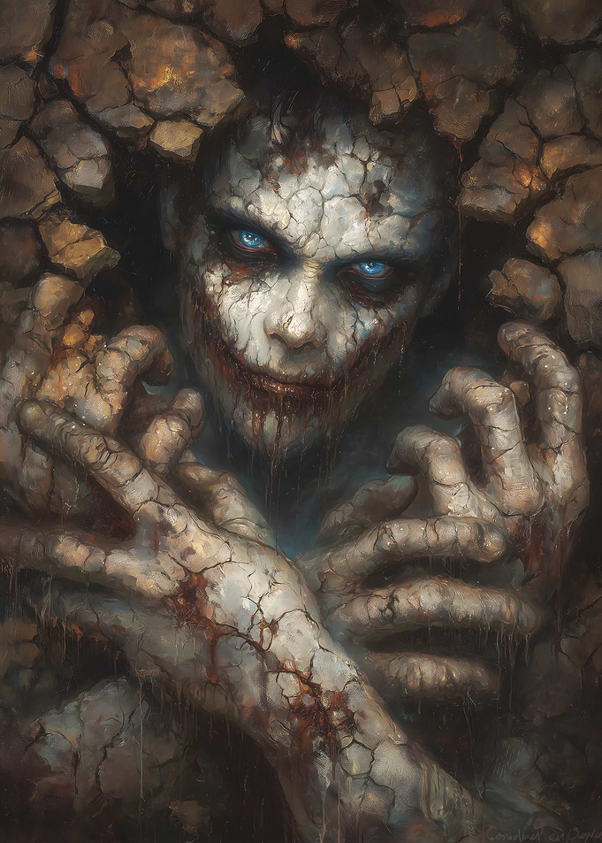 Cracked Skin Figure Emerging from Wall