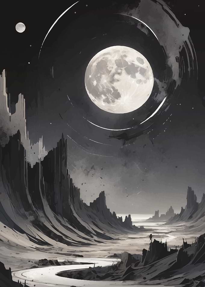 Monochrome Lunar Landscape with River