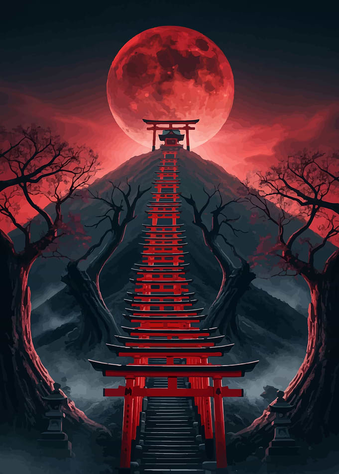Red Torii Gates to Temple Under Moon
