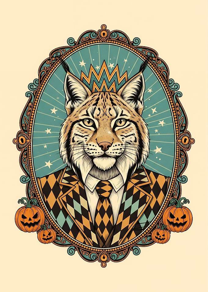 Lynx Portrait in Halloween Cabaret Cameo with Pumpkins and Starry Backdrop