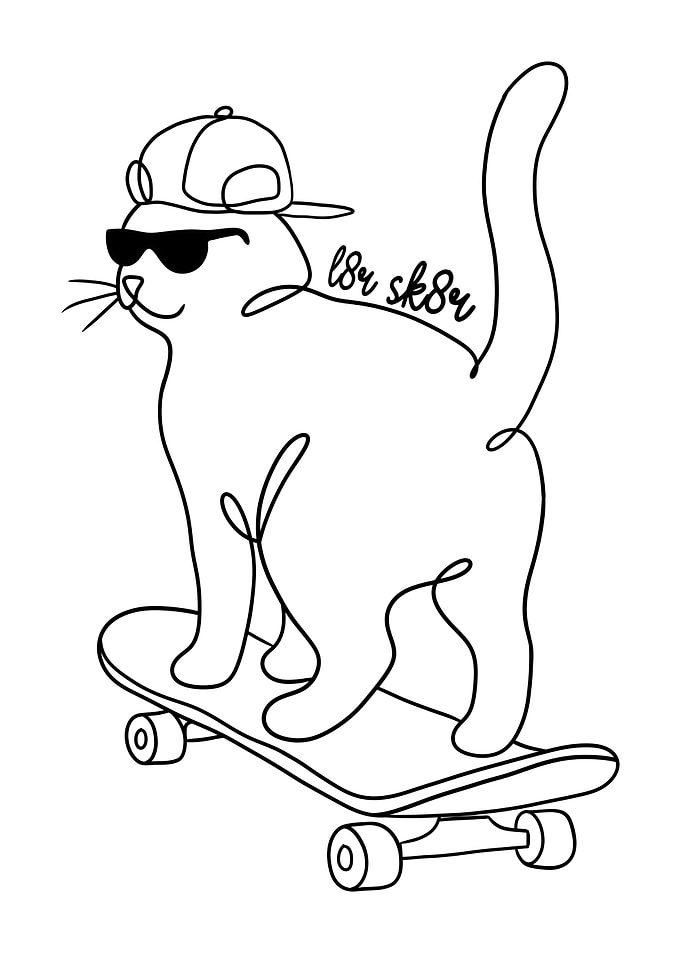 Cool Cat Skateboard Line Art - L8r Sk8r