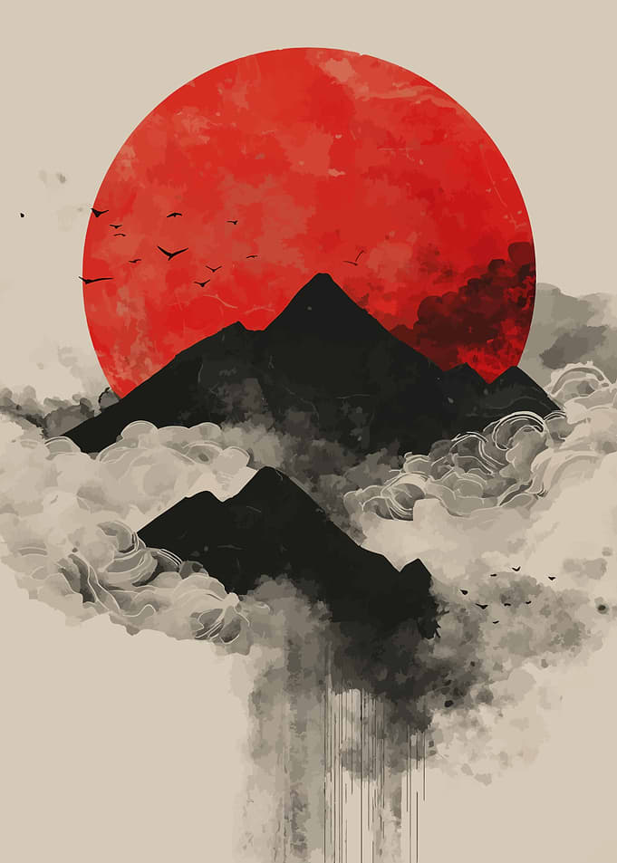 Red Sun Over Mountains and Clouds