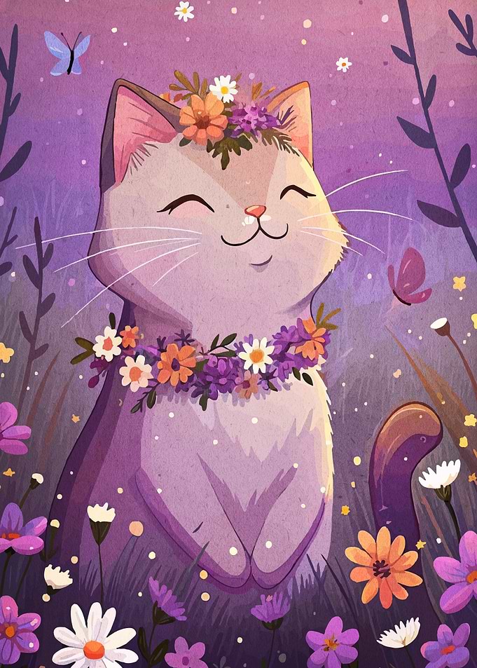 Cute Cat with Flowers Digital Art