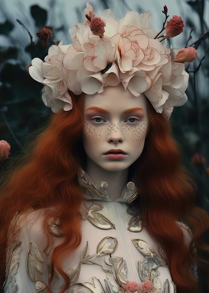 Red-haired woman with floral crown portrait