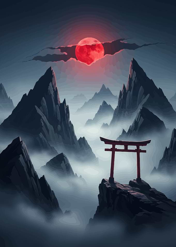 Mountain Landscape with Torii Gate and Moon