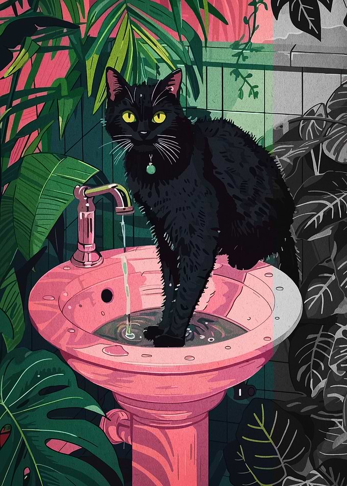 Black Cat in Pink Sink