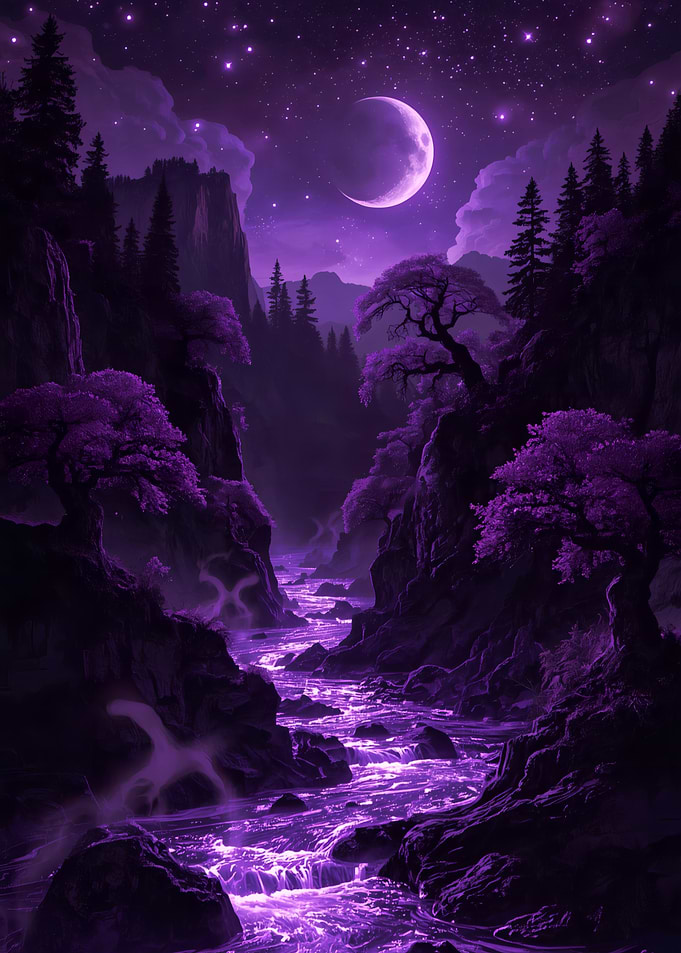 Purple Night River Landscape