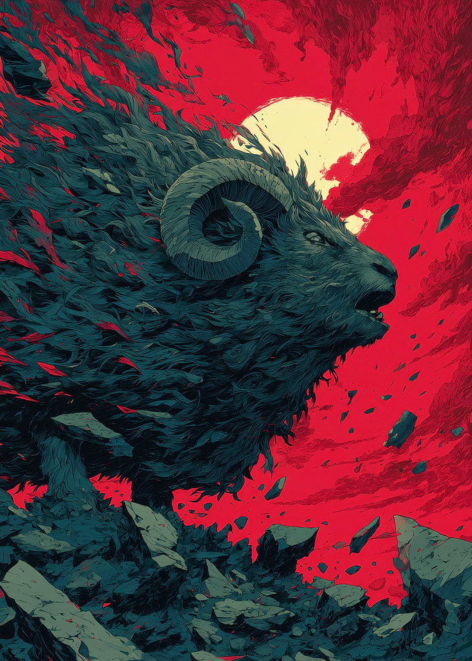 Stylized Ram Illustration with Red Background