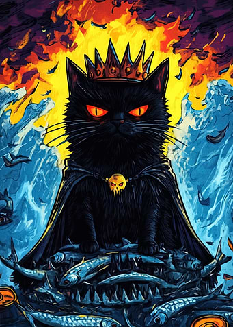Black Cat King with Fish Throne
