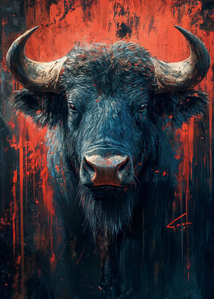 Dramatic Buffalo Portrait with Red Accents