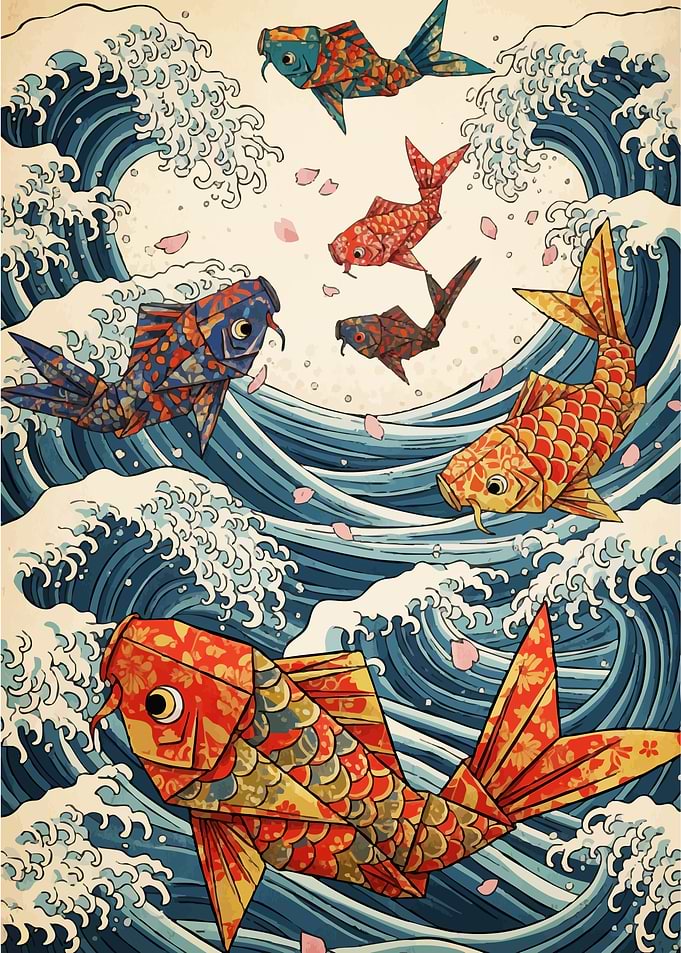 Origami Koi Fish Ocean Waves