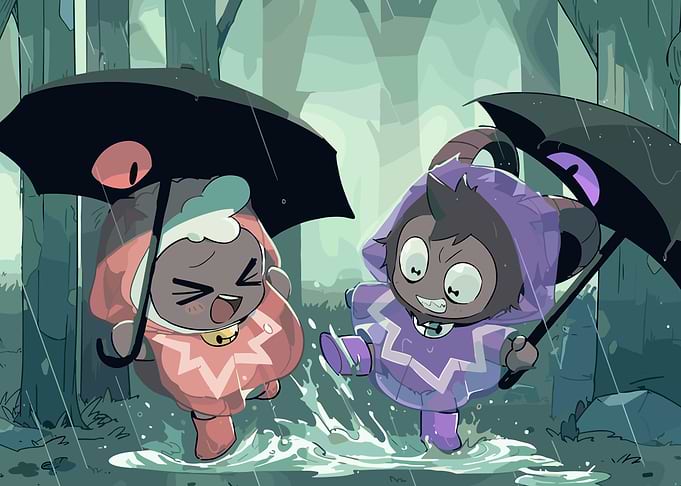 Cartoon Characters Playing in the Rain
